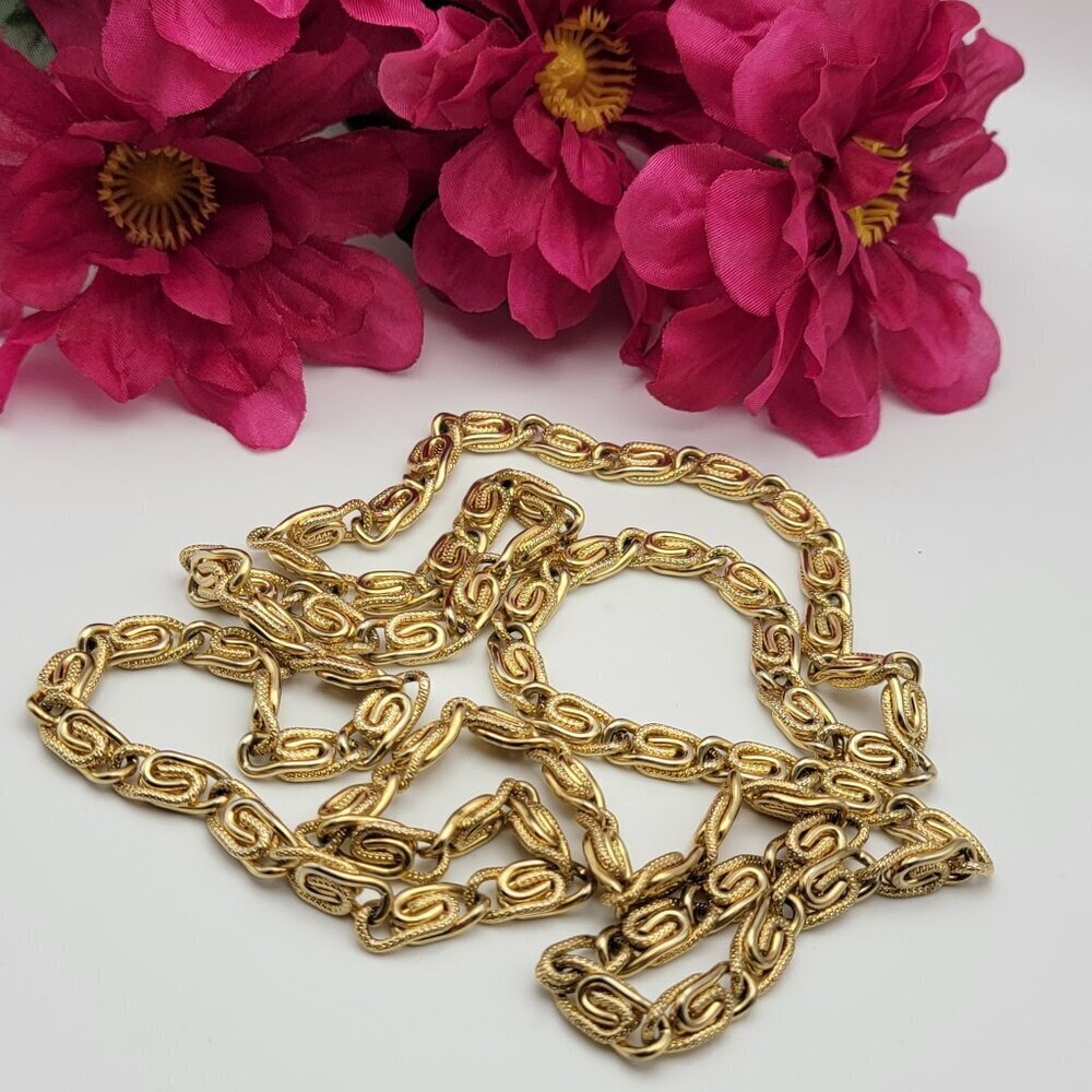 Vintage Textured Paperclip Chain Necklace Gold Tone 40" Continuous Strand Heavy